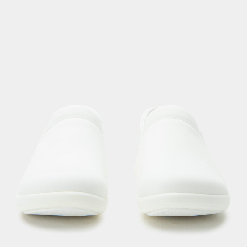 Duette Liquid White sport rocker shoe on a lightweight responsive polyurethane outsole | A White slip on shoe with a Liquid Shell upper.