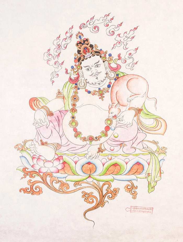 Dzambhala,Yelllow Jambhala,Woodblock Thangka Art - Tibetan thangka painting, detailed view