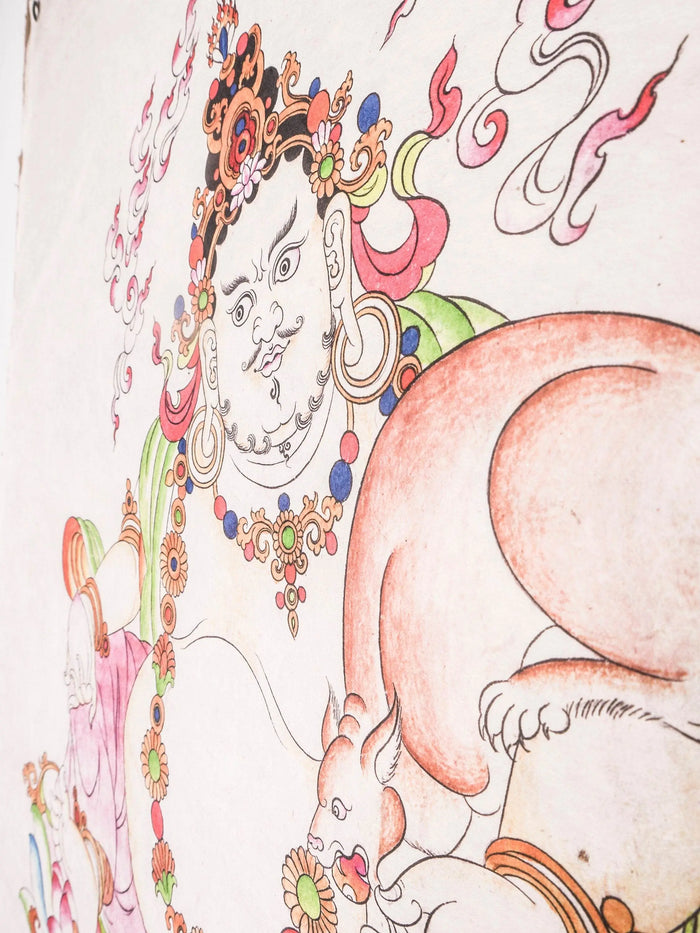 Dzambhala,Yelllow Jambhala,Woodblock Thangka Art - Tibetan thangka painting, close-up detail