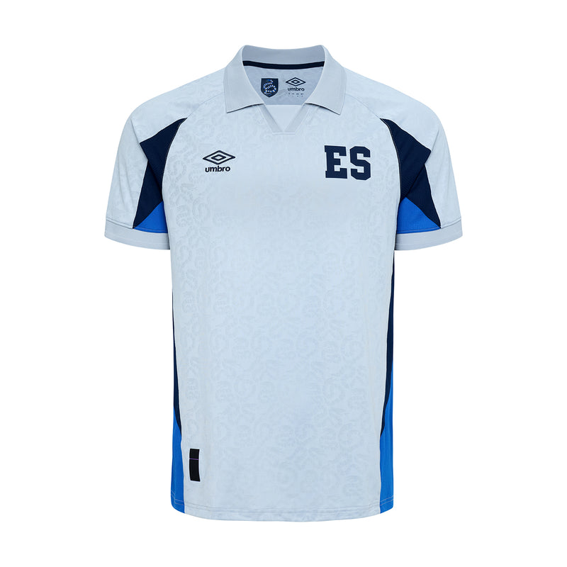 Light grey men's away football jersey with blue side panels and ES crest