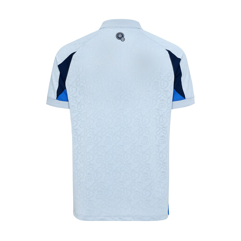 Light grey men's away football jersey back with blue side panels