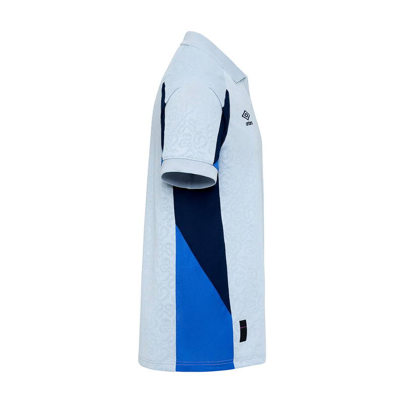 Light grey men's football jersey with diagonal blue panel and short sleeves