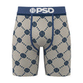 Men's beige boxer briefs with navy emblem pattern, blue waistband