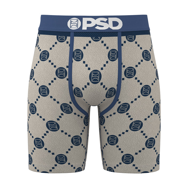 Men's beige boxer briefs with navy emblem pattern, blue waistband