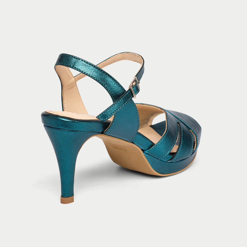 Emily - Teal Metallic Leather Heeled Sandals