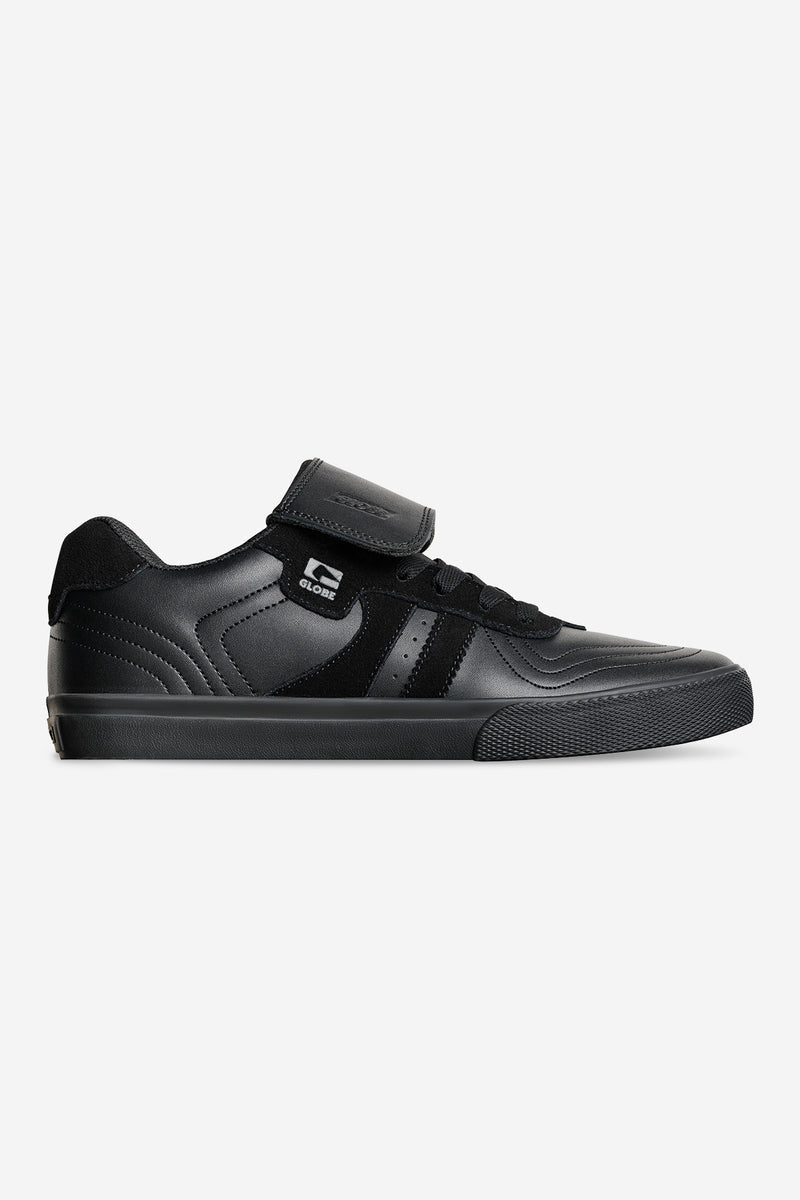 Side view of Encore-2 Black Cushion skate shoe with Velcro strap and twin stripe design.
