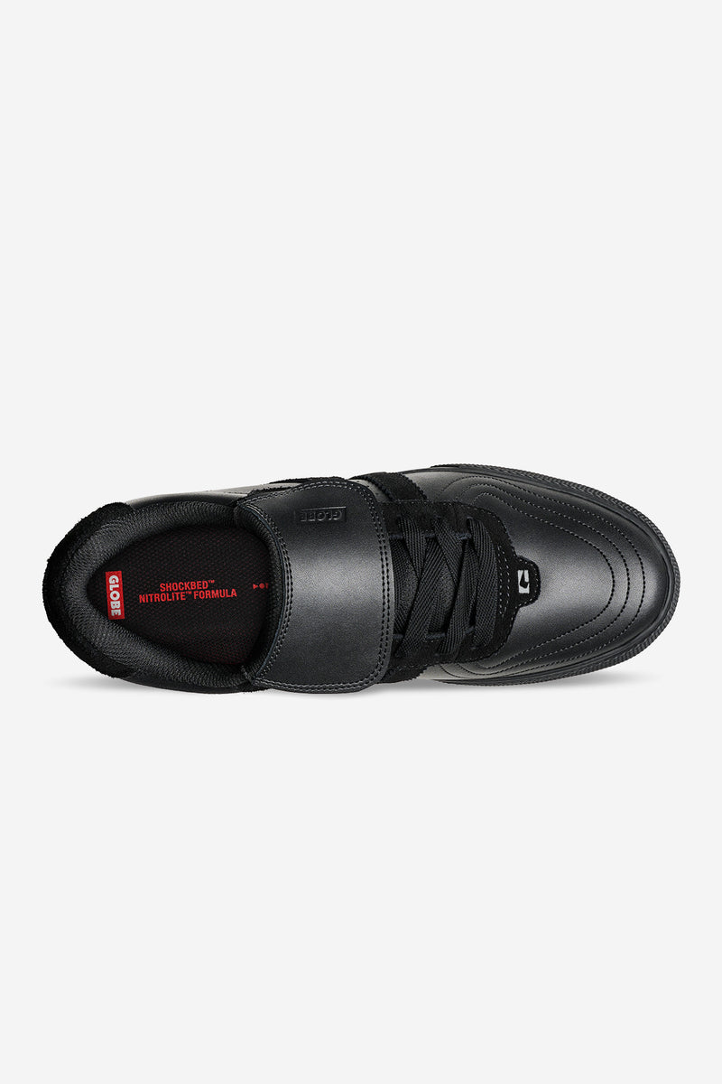 Top view of Encore-2 Black Cushion skate shoe showing laces, padded tongue, and red insole label.