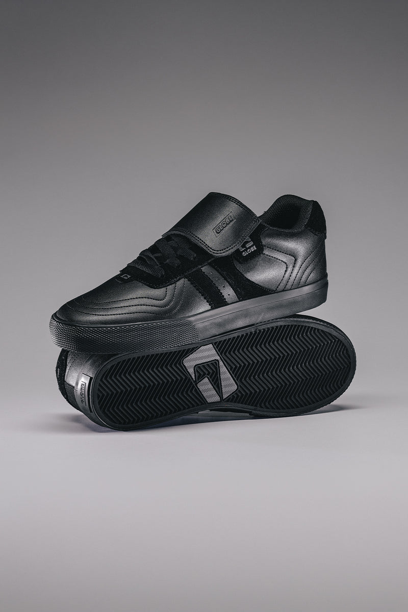 Encore 2 Black Cushion skate shoe with Velcro strap and twin stripe design
