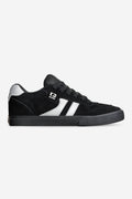 Black and metallic silver Encore 2 skate shoe side view with white twin stripes and black laces