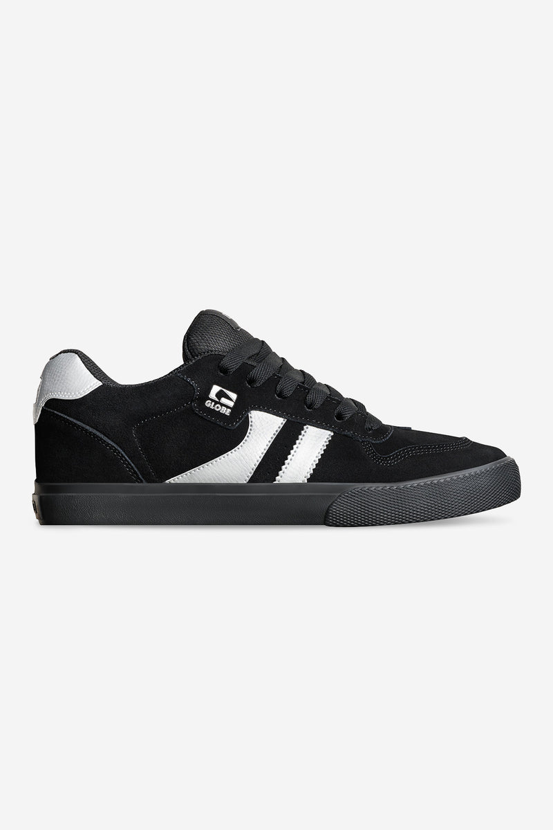 Black and metallic silver Encore 2 skate shoe side view with white twin stripes and black laces