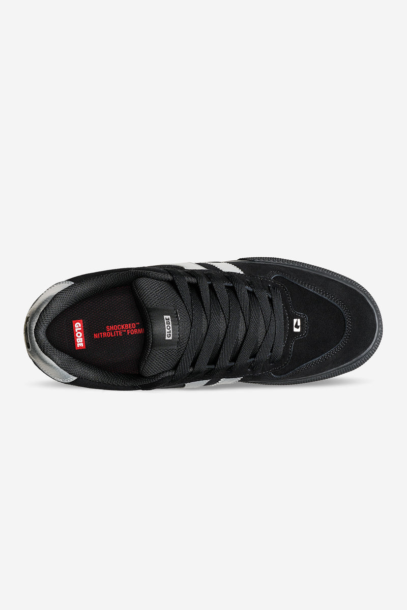 Top view of black Encore 2 skate shoe with white twin stripes and laces