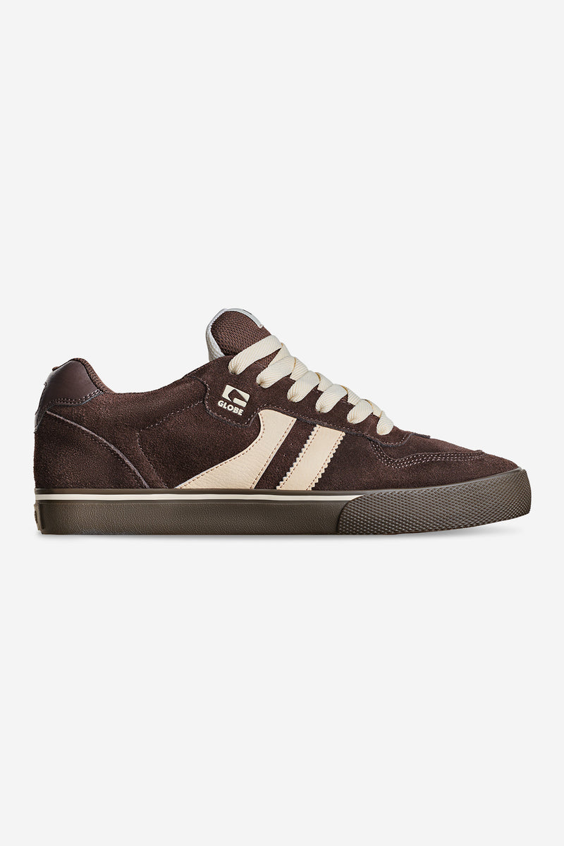 Side profile of brown Encore II skate shoe with cream laces and beige twin stripes on a gum sole
