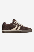 Side profile of brown Encore II skate shoe with cream laces and beige twin stripes on a gum sole