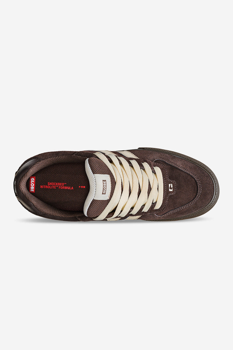 Top view of brown Encore II skate shoe with cream laces and beige twin stripes