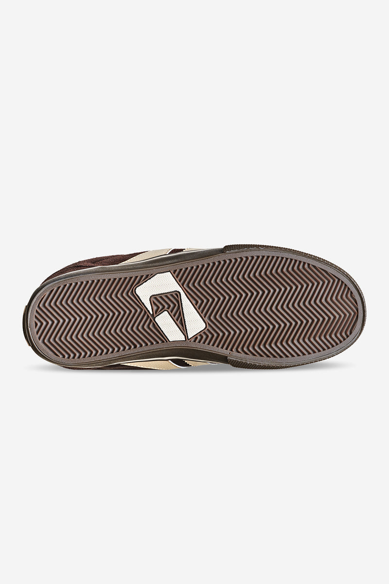 Bottom view of brown Encore II skate shoe showing herringbone gum outsole and a white logo patch