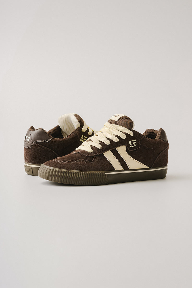 Globe Encore II brown suede skate shoes with cream twin stripes and dark gum sole.