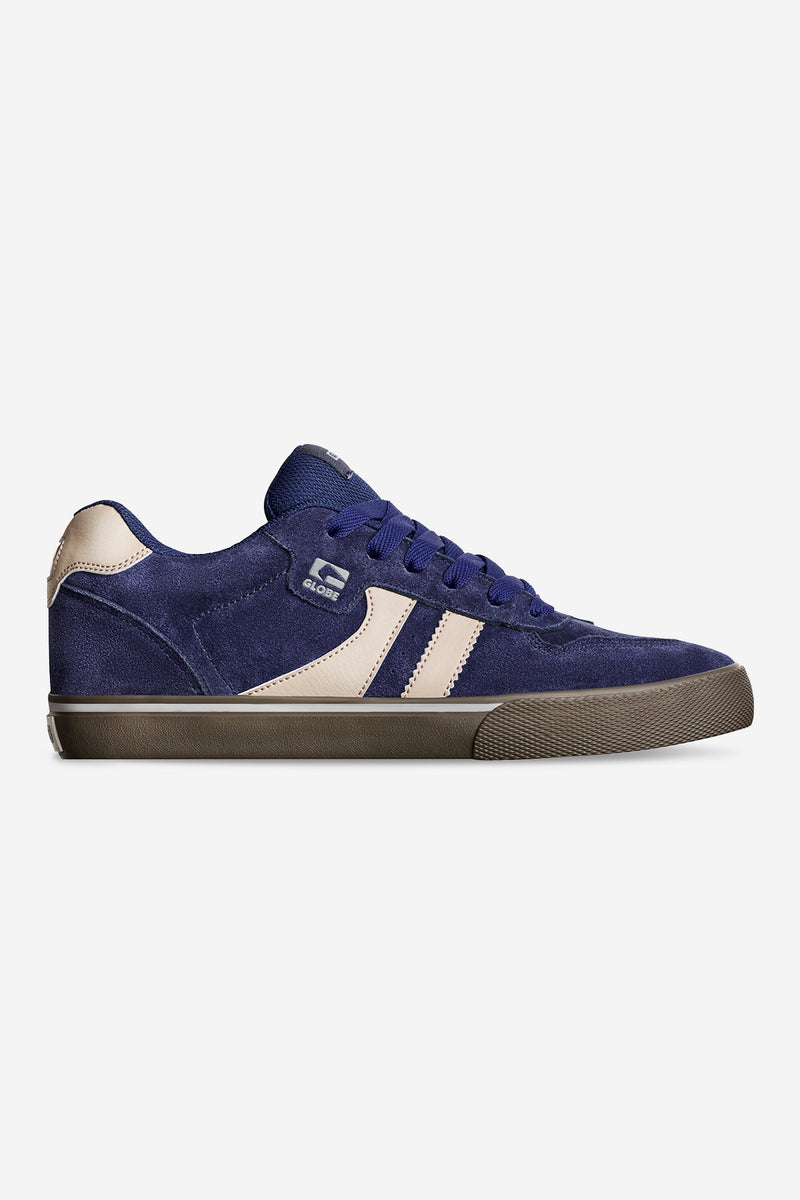 Side profile of Encore-2 Dark Blue sneakers with beige overlays and brown sole.