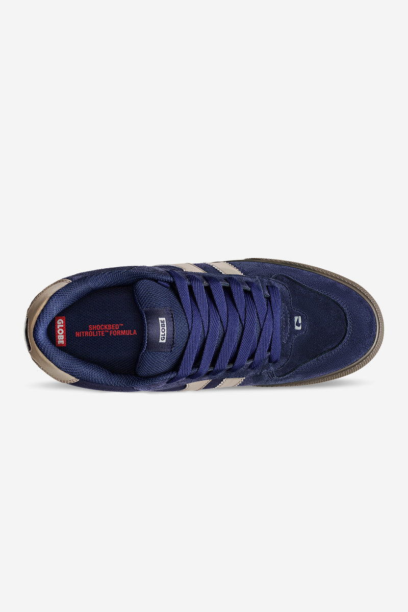 Top view of Encore-2 Dark Blue skate shoe with navy upper and beige heel accents featuring twin stripe design
