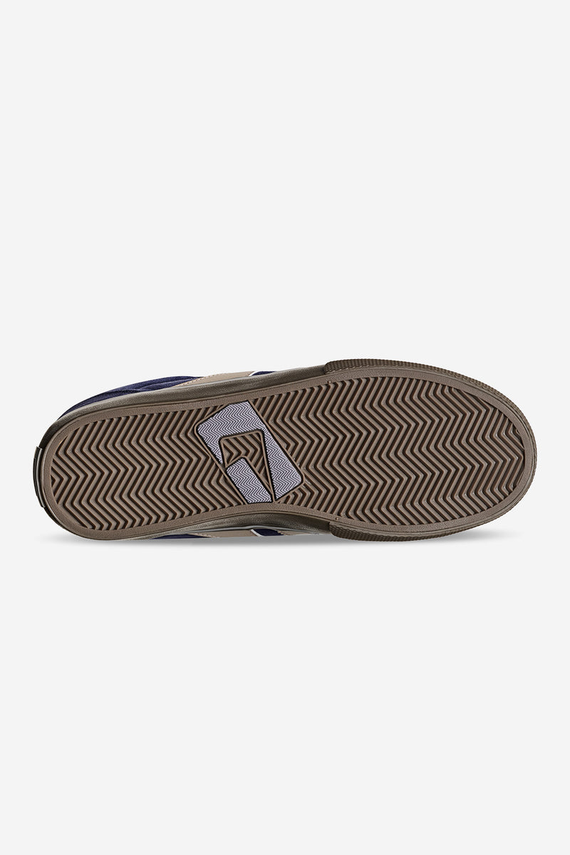 Bottom view of blue Encore-2 sneaker showing brown gum outsole with herringbone tread and logo patch