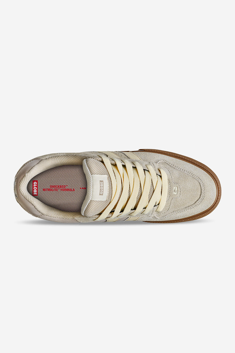 Top view of Encore-2 Grey/Tobacco Gum sneaker with beige upper, cream laces and gum sole