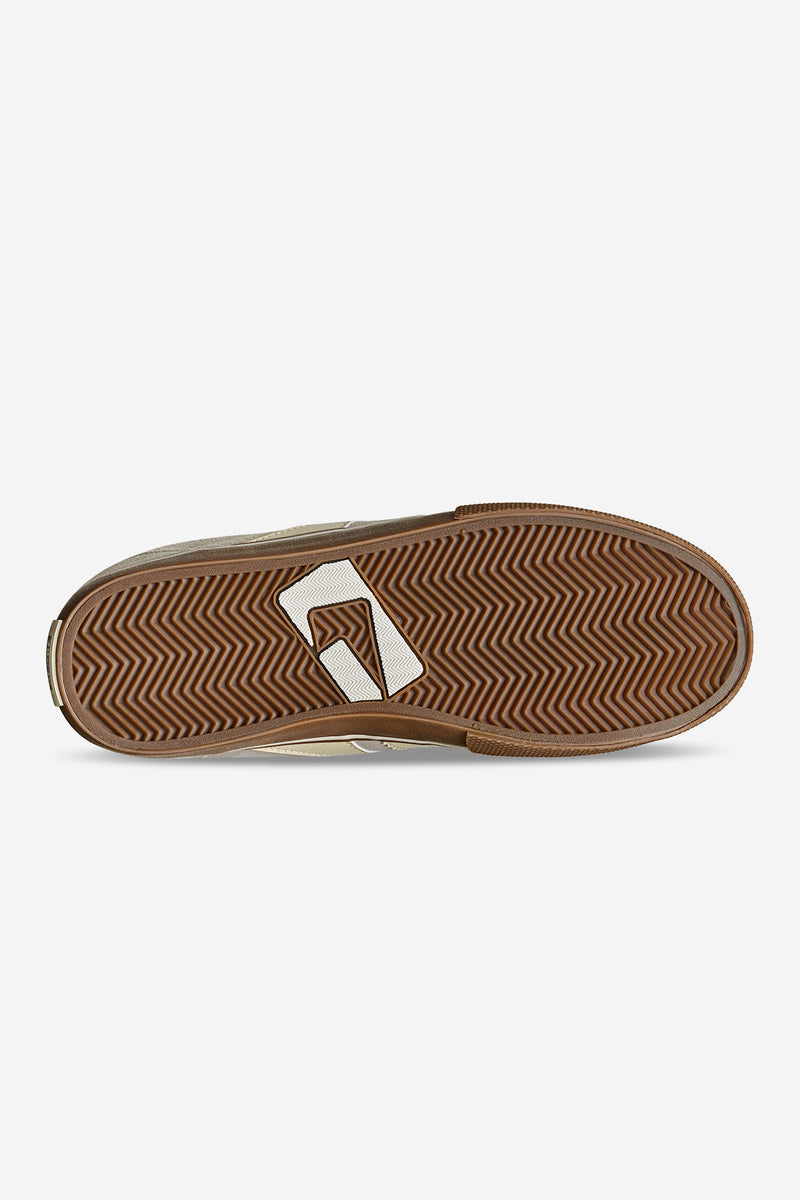 Bottom view of Encore-2 brown gum sole with herringbone tread and white logo detail