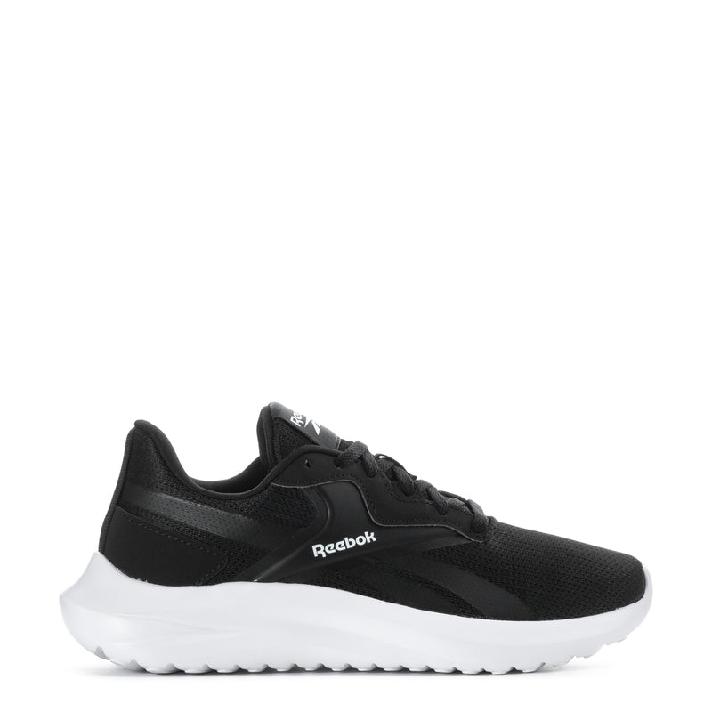 Youth black sneakers with white sole, Reebok logo on side