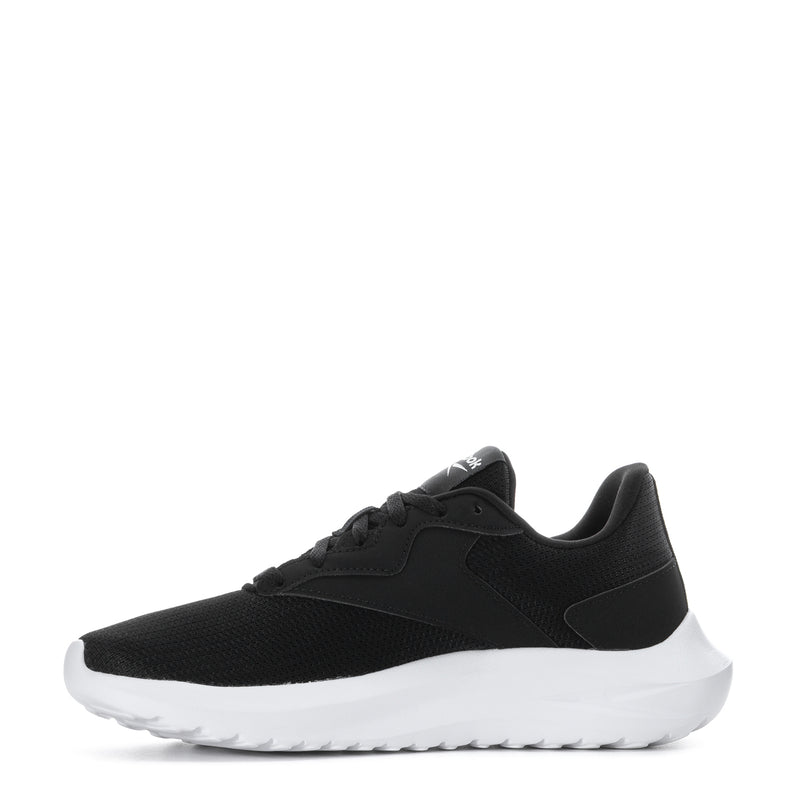 Youth black sneaker side view with white midsole and Reebok branding
