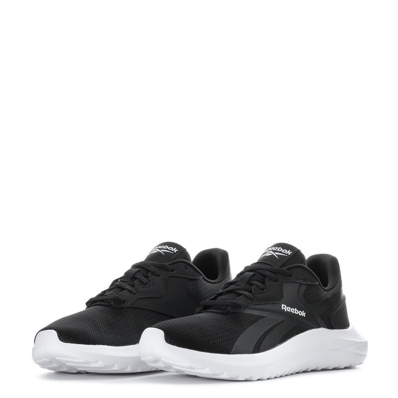 Youth black sneakers pair, lace-up front with Reebok logo