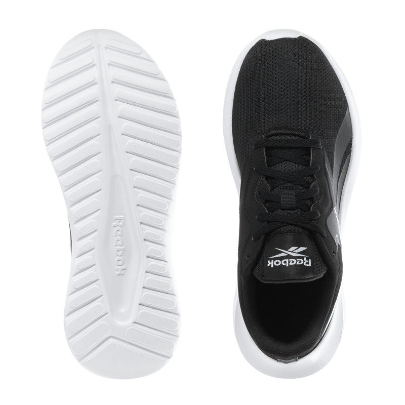 Youth black sneakers showing outsole tread and inner side, white grip sole