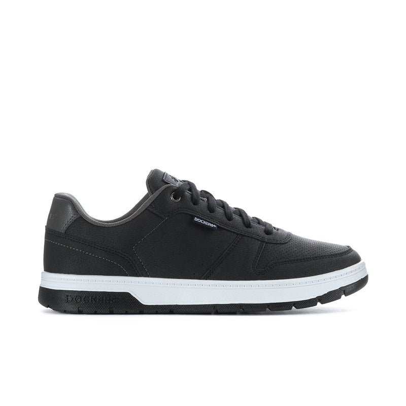 Black men’s low-top sneaker with lace-up front and white midsole