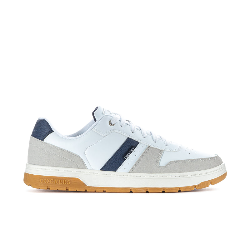 Men's low-top sneakers, white leather with navy stripe and gum rubber sole.