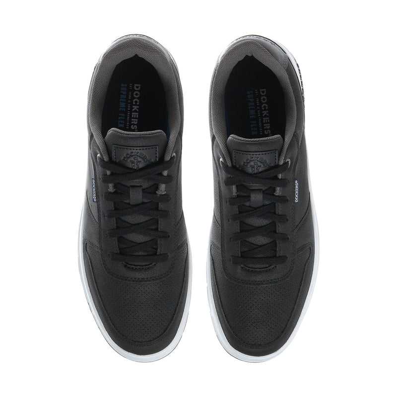Black low-top sneaker pair with lace-up vamp and padded collar
