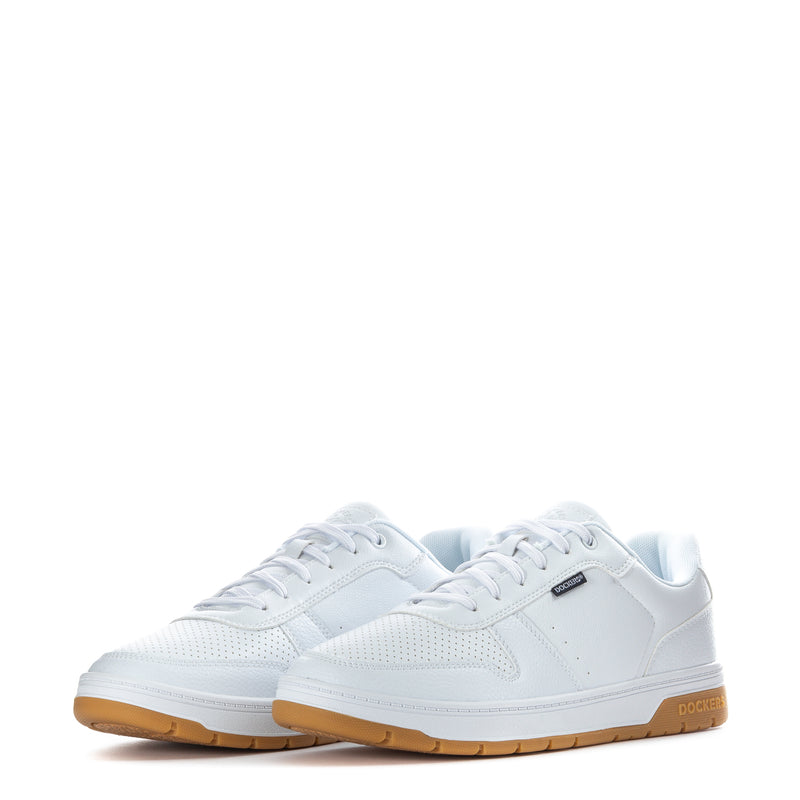 Men's white lace-up sneakers with textured quarter panels and gum outsole