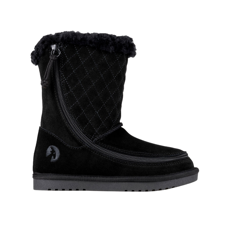 Black quilted winter boot with fur trim on a white background
