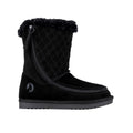 Black quilted winter boot with fur trim on a white background