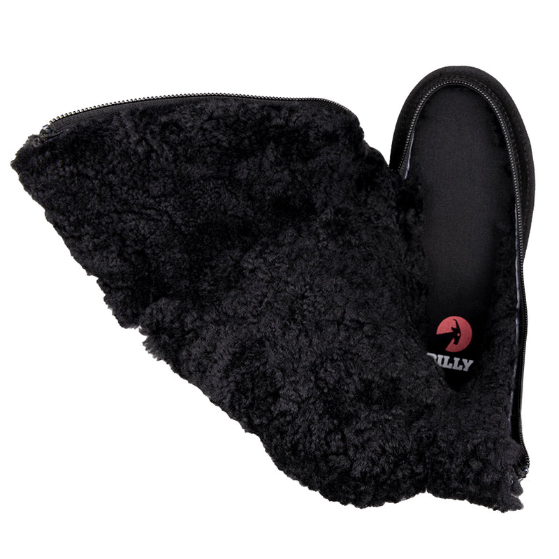 Open view of Kid's Black BILLY Cozy Quilt Lux Boots, zipper shoes, like velcro, that are adaptive, accessible, inclusive and use universal design to accommodate an afo. BILLY Footwear is medium and wide width, M, D and EEE, are comfortable, and come in toddler, kids, mens, and womens sizing.