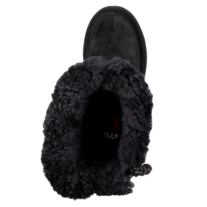 Top view of Black BILLY Cozy Quilt Lux Boots, zipper shoes, like velcro, that are adaptive, accessible, inclusive and use universal design to accommodate an afo. BILLY Footwear is medium and wide width, M, D and EEE, are comfortable, and come in toddler, kids, mens, and womens sizing.