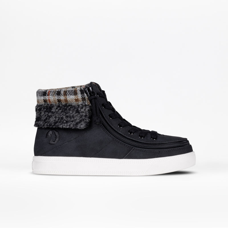 Black high-top sneaker with plaid and fur trim on a white background