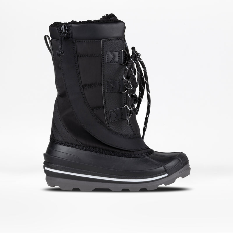 Black winter boot with a white background