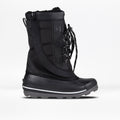 Black winter boot with a white background