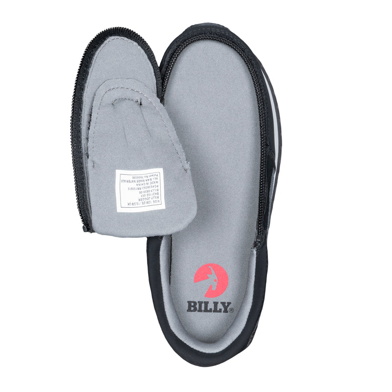 The FINAL SALE - Black/Charcoal BILLY Jogger by BILLY Footwear is a slip-on with a Full Wrap Zipper, revealing a gray insole with a red unicorn logo and BILLY branding inside.