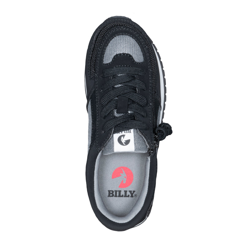 Top view of the FINAL SALE - Black/Charcoal BILLY Jogger by BILLY Footwear, featuring a Full Wrap Zipper, black laces, and BILLY branding with a red shark logo on the insole.
