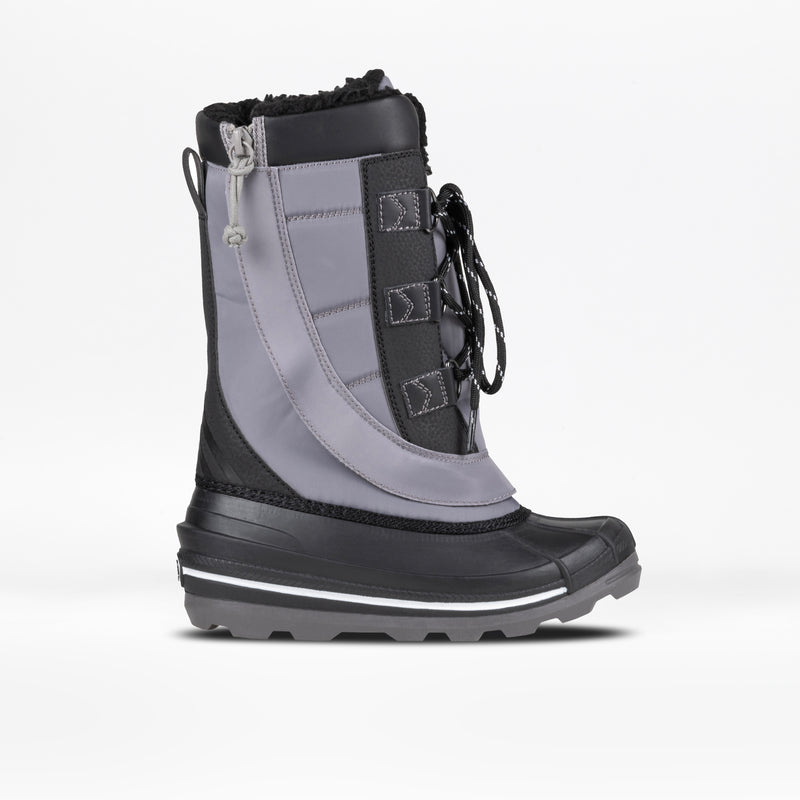 Grey and black winter boot on a white background