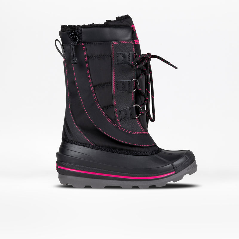 Black winter boot with pink accents on a white background