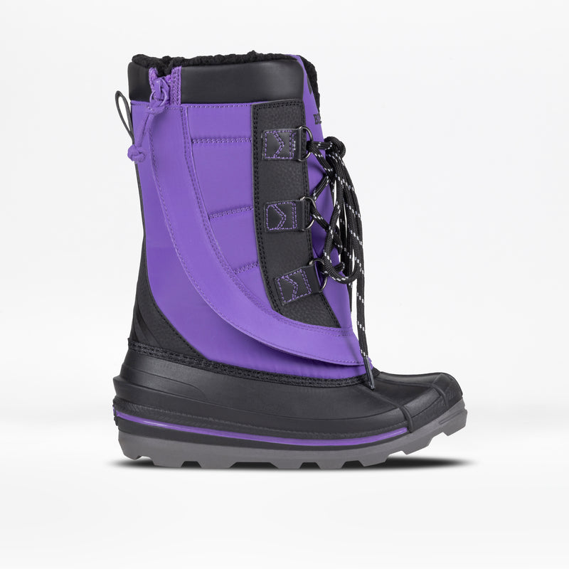 Purple and black winter boot on a white background