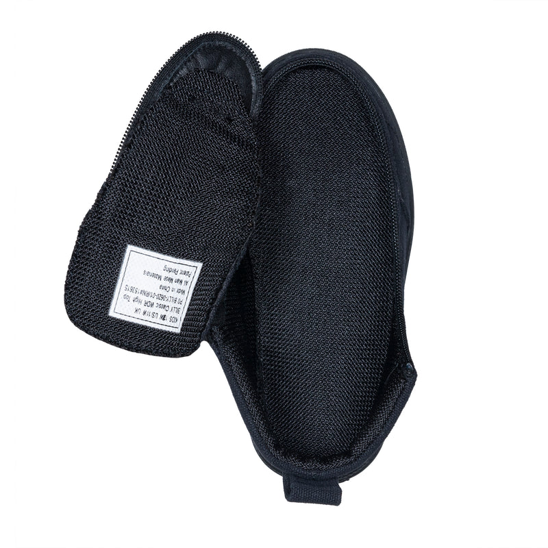 A pair of FINAL SALE - Black to the Floor BILLY Classic D|R High slippers by BILLY Footwear, one open to reveal the inner label, shown on a white background. Features include a wide toe box and soft, textured material.