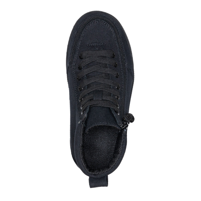 Top view of the FINAL SALE - Black to the Floor BILLY Classic D|R High sneaker by BILLY Footwear, featuring black laces, eyelets, a heel pull tab, wide toe box, and removable insoles on a white background.