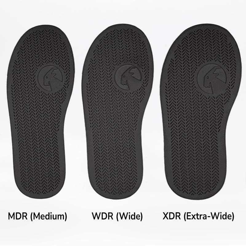 Three black removable insoles for the BILLY Footwear FINAL SALE - Black to the Floor BILLY Classic D|R High, labeled MDR, WDR, and XDR with textured patterns and a heel logo—great for AFO-friendly shoes with a wide toe box.