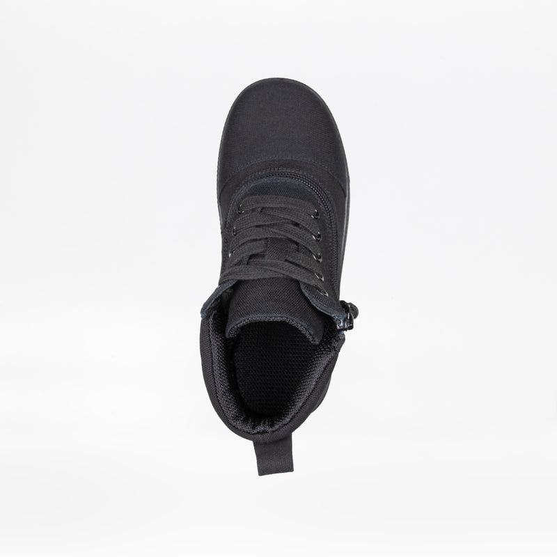 Top view of a single FINAL SALE - Black to the Floor BILLY D|R Short Wrap High Top by BILLY Footwear, black lace-up design with a fabric heel loop and removable insoles, shown against a plain white background.