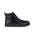 The BILLY Footwear Kids'/Toddler Classic Lace High in black leather features a wraparound zipper, lace-up front, and textured sole. This high top shoe is shown in profile facing left on a white background.